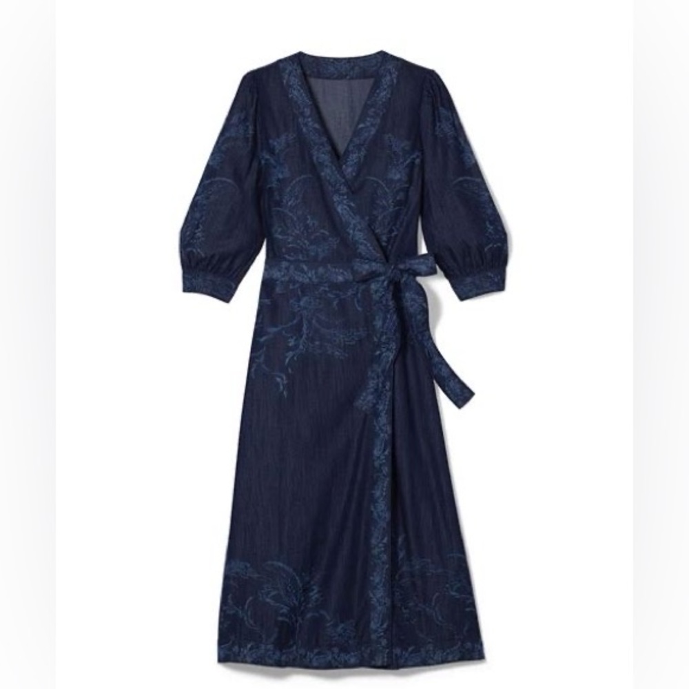 White House Black Market Denim Blue Floral Wrap Midi Dress Size 2